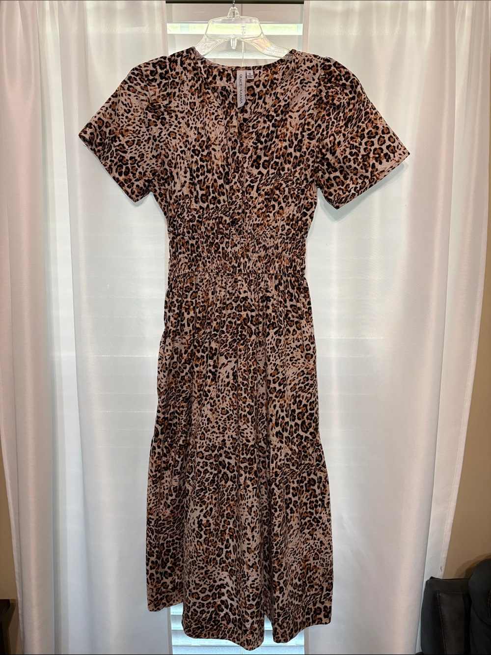 Leopard Print Short Sleeve Midi Dress - Brown